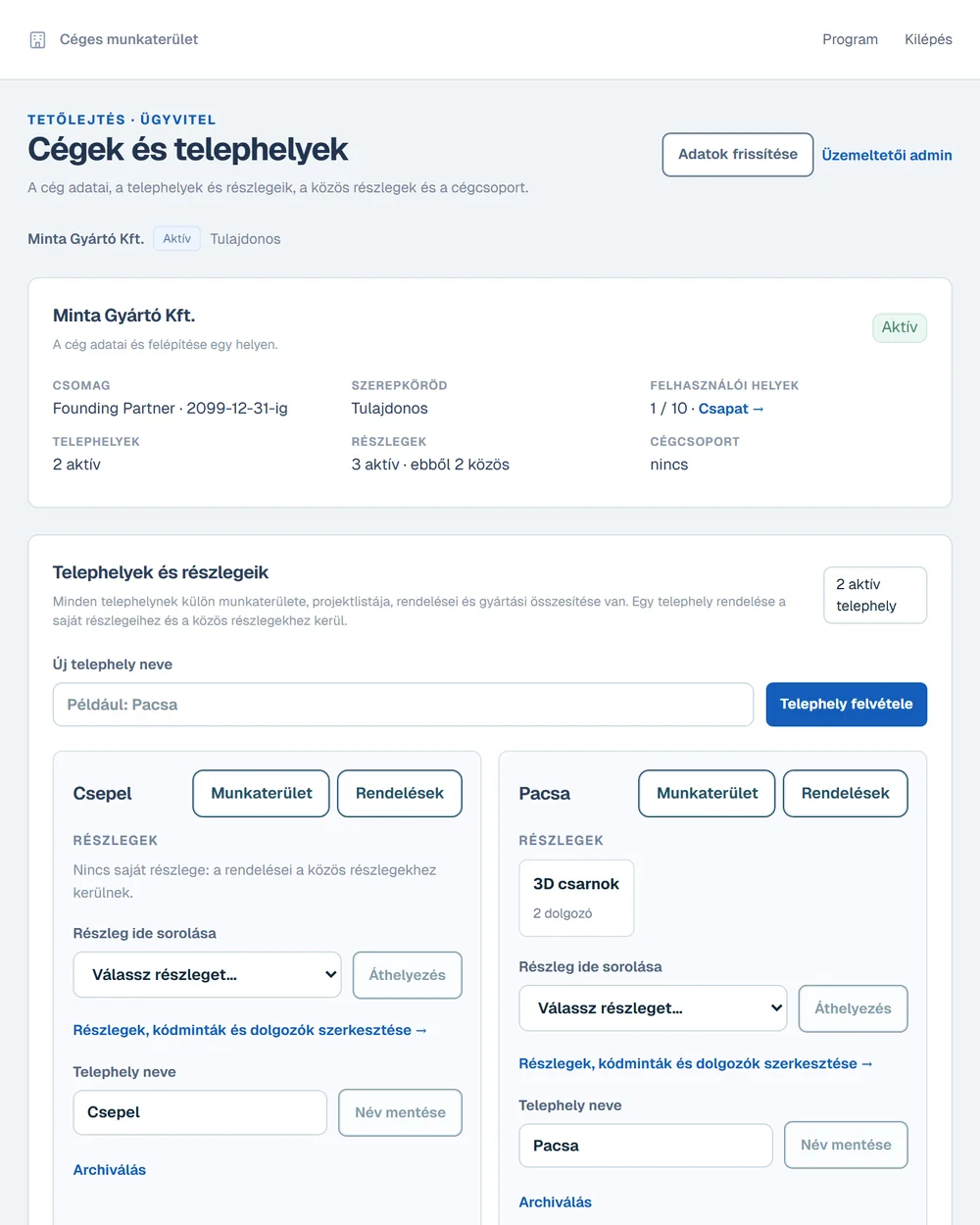 A céges munkatér áttekintője mutatókkal és teendőkkel